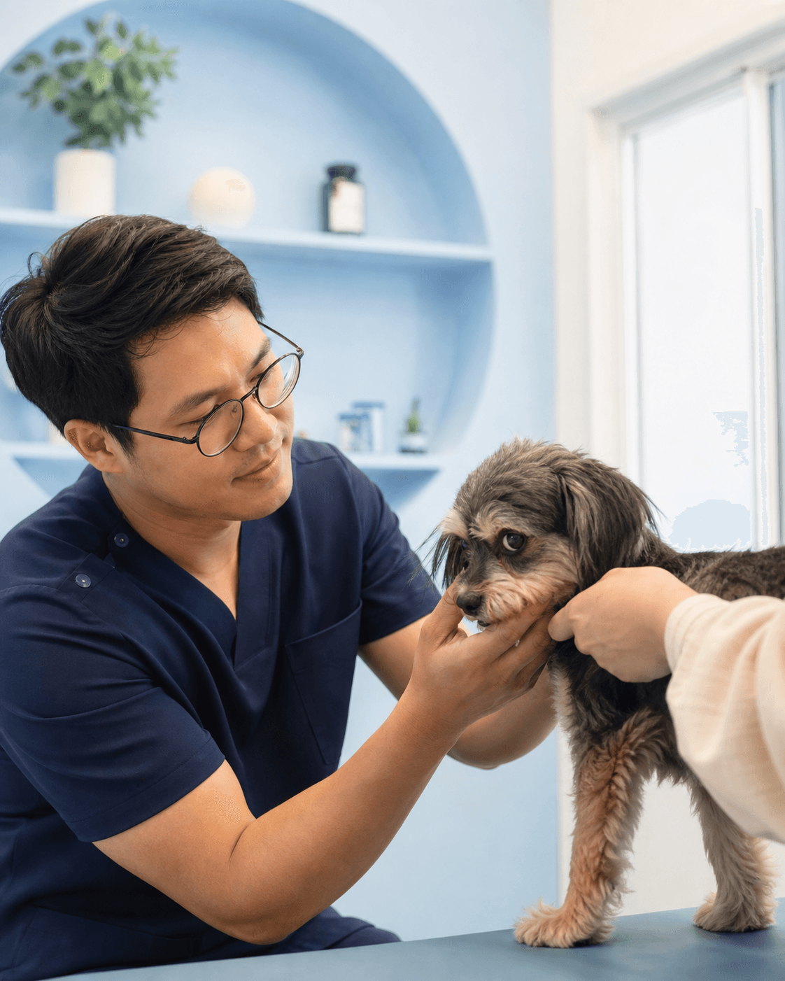 Bác sĩ thú y tiếp cận nhẹ nhàng với thú cưng