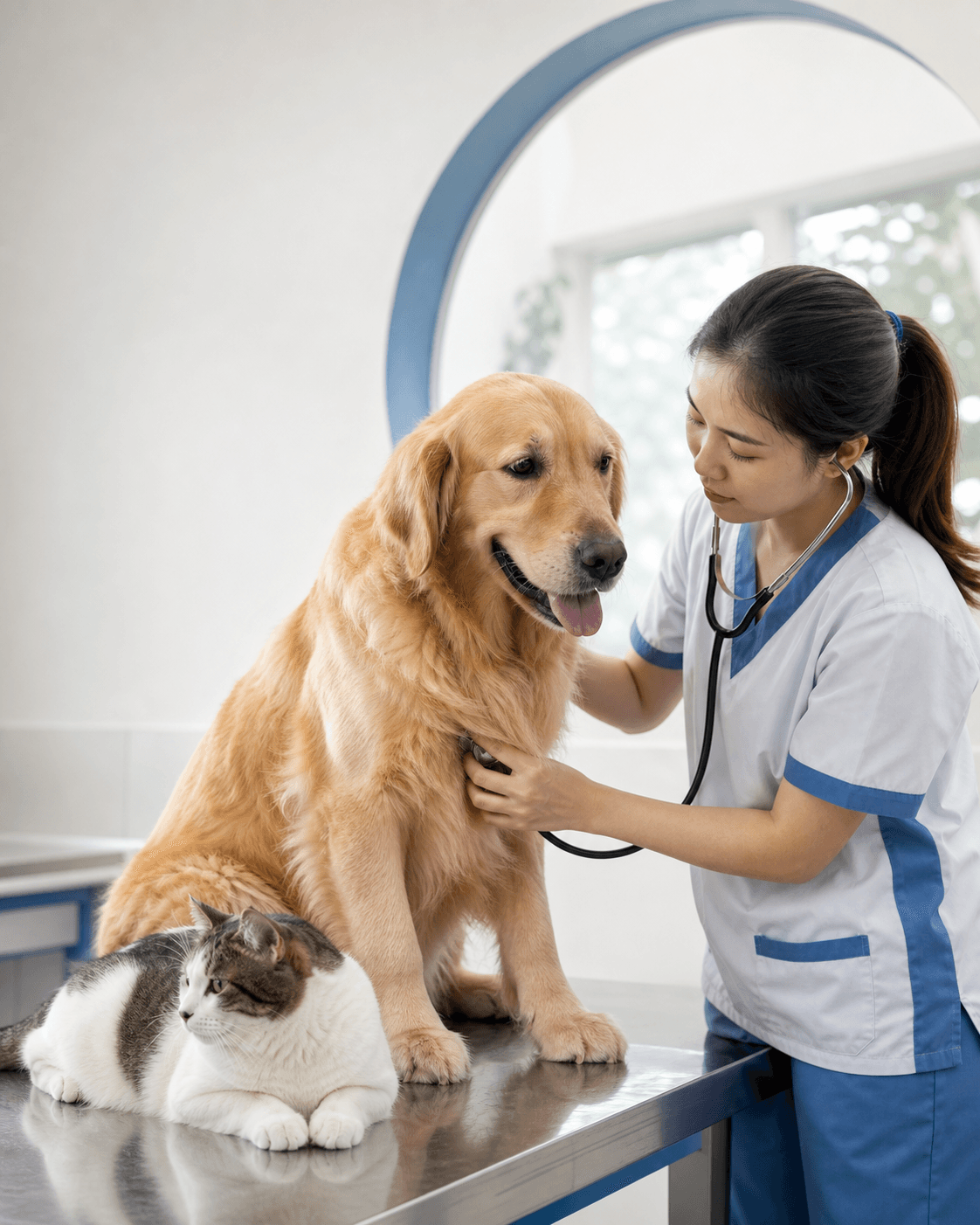 Bác sĩ thú y lắng nghe người nuôi bên cạnh thú cưng