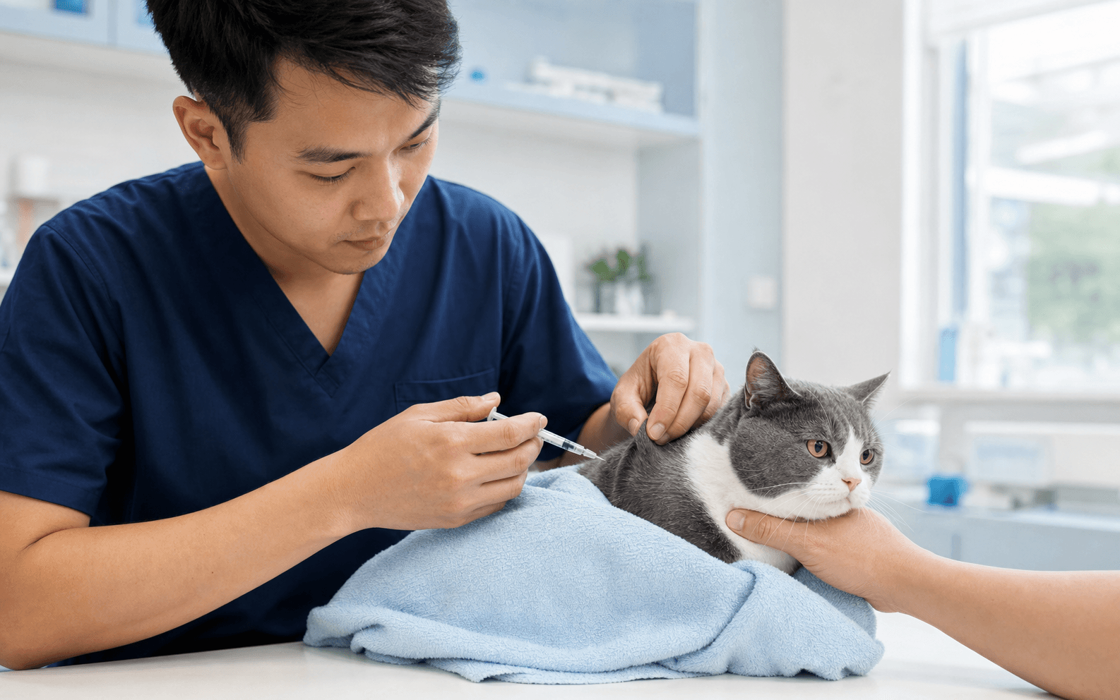 Bác sĩ thú y thực hiện tiêm phòng cho một chú mèo